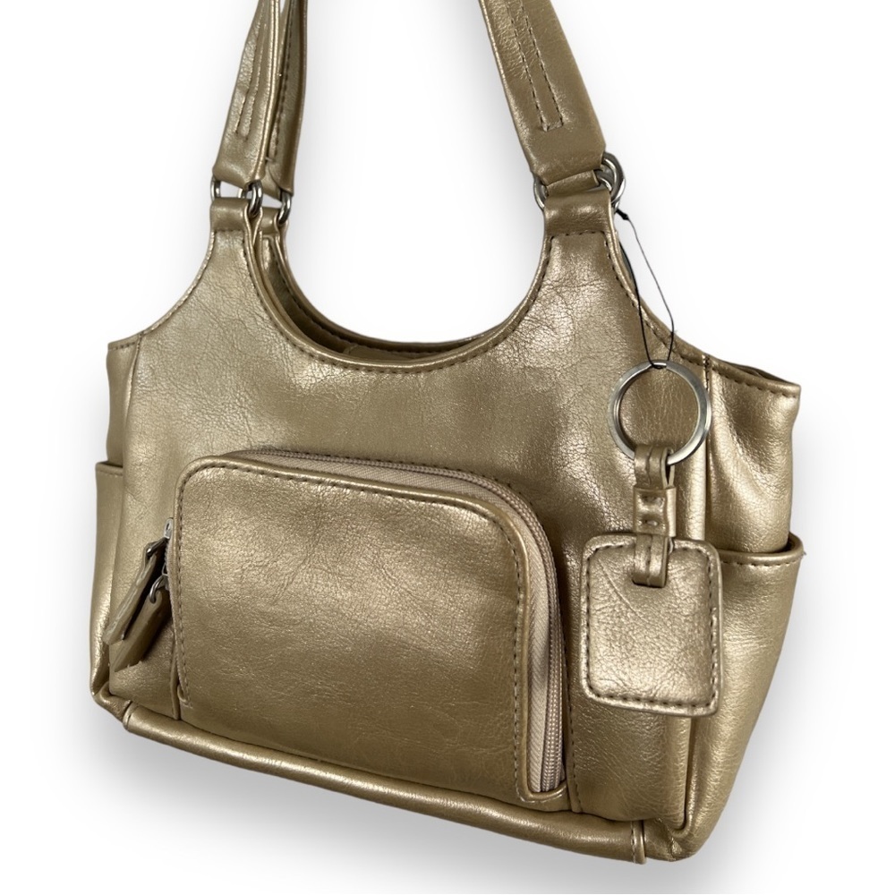 St JOHNS Bay Gold Vegan Leather Hand Bag Purse With Matching Key Holder